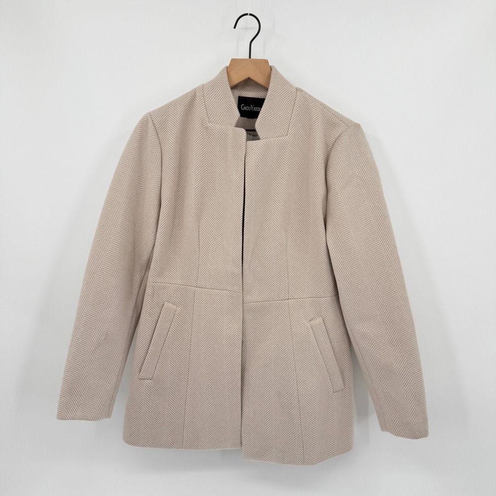 Womens L Chic Herringbone Blazer Coat Quiet Luxury Neutral Old Money Tailored